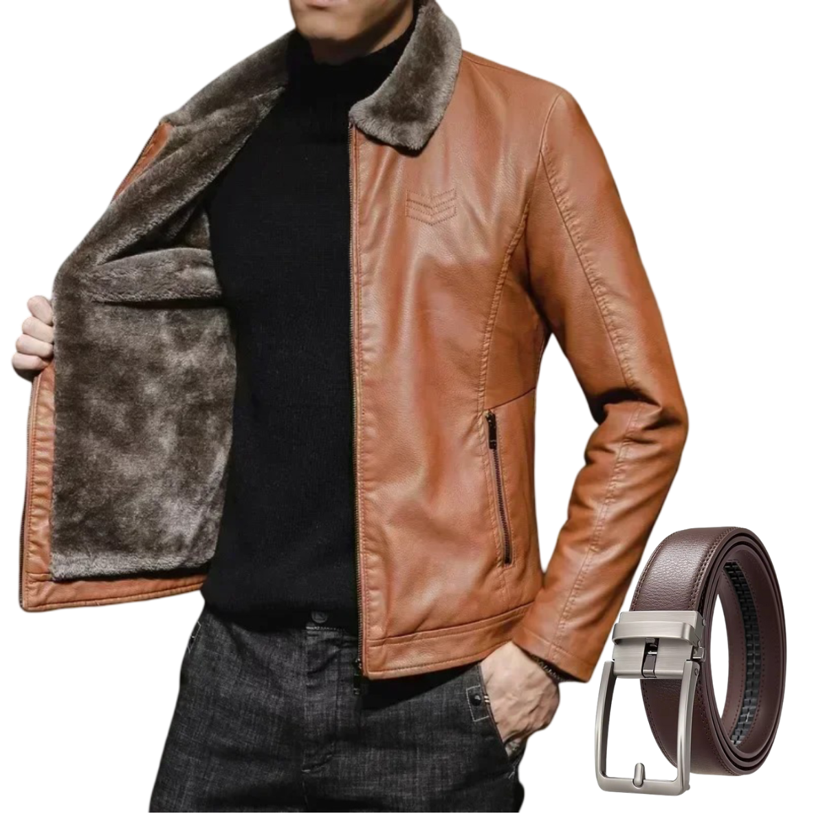 Men's Leather Jacket + Automatic Leather Belt - The Empire Kit