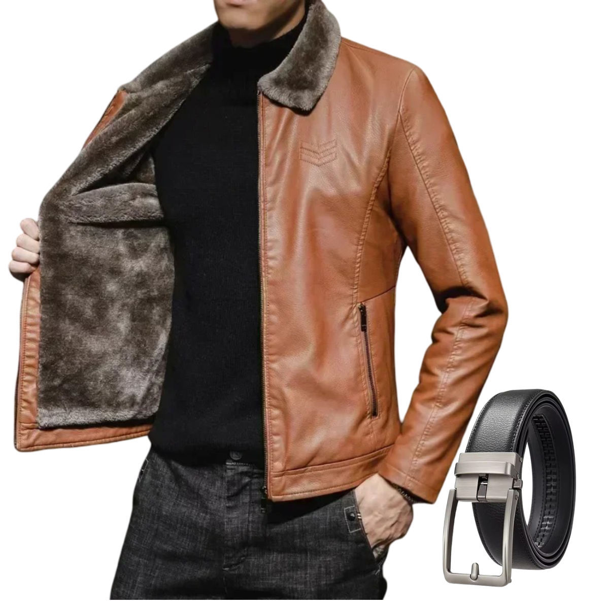 Men's Leather Jacket + Automatic Leather Belt - The Empire Kit