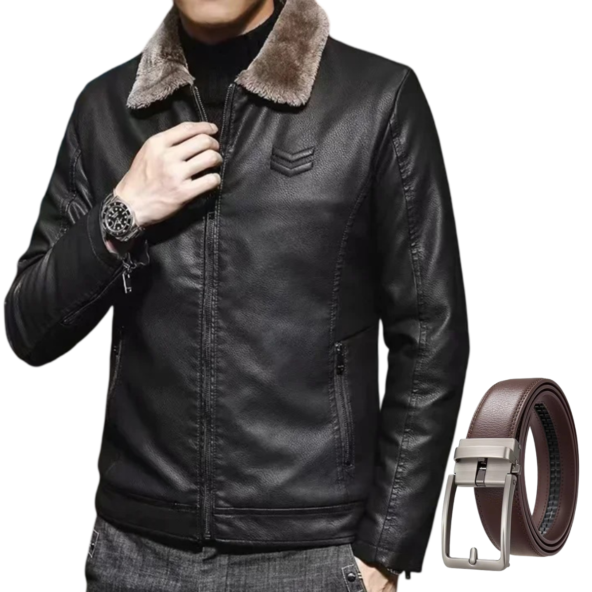 Men's Leather Jacket + Automatic Leather Belt - The Empire Kit