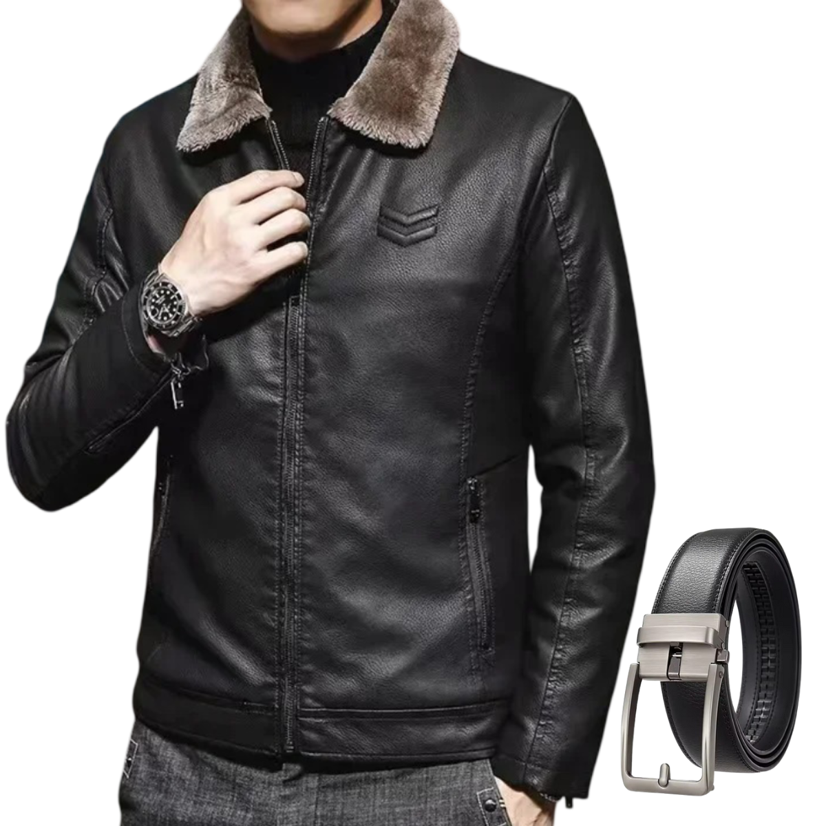 Men's Leather Jacket + Automatic Leather Belt - The Empire Kit